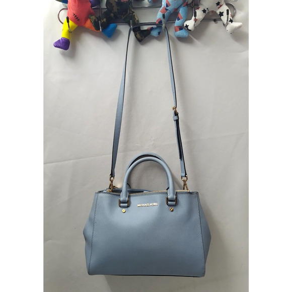 Michael Kors Blue Crossgrain Leather Carryall Double Handle Zipper Satchel Bag - Picture 5 of 16